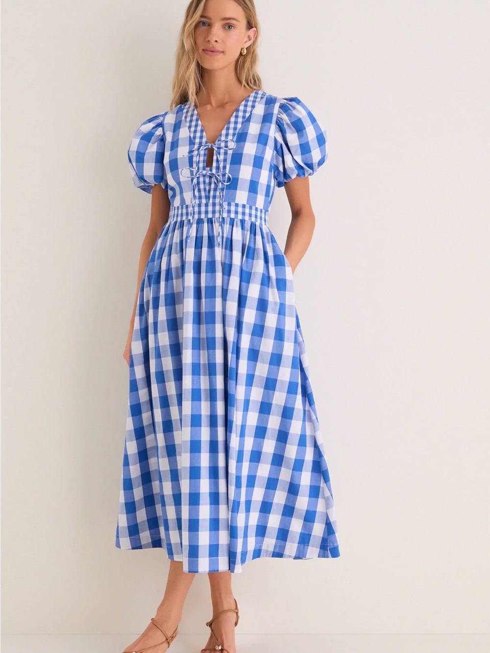 Tuckernuck- Hyacinth House NWT Blue Gingham Puff-Sleeve Midi Dress